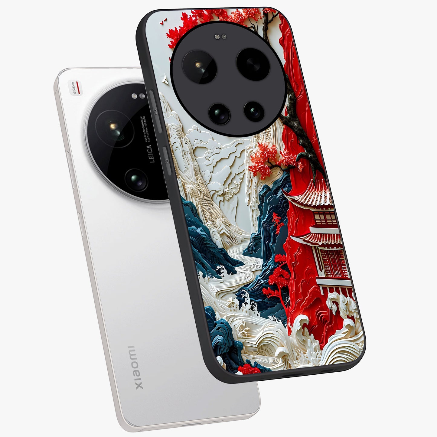 Whispers Of Sakura Waves Glass Case displayed in angled mockup highlighting flowing sakura design with soft floral aesthetic.