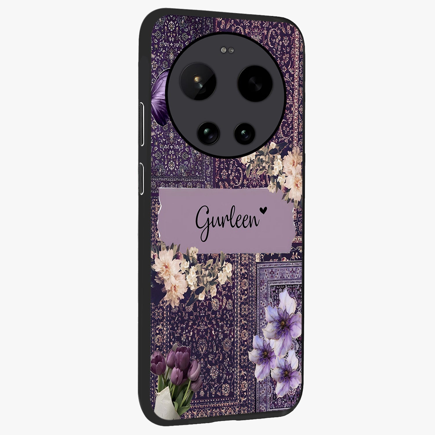 Antique Floral Whisper Custom Name Glass Case upright view showcasing delicate floral artwork with custom name feature.