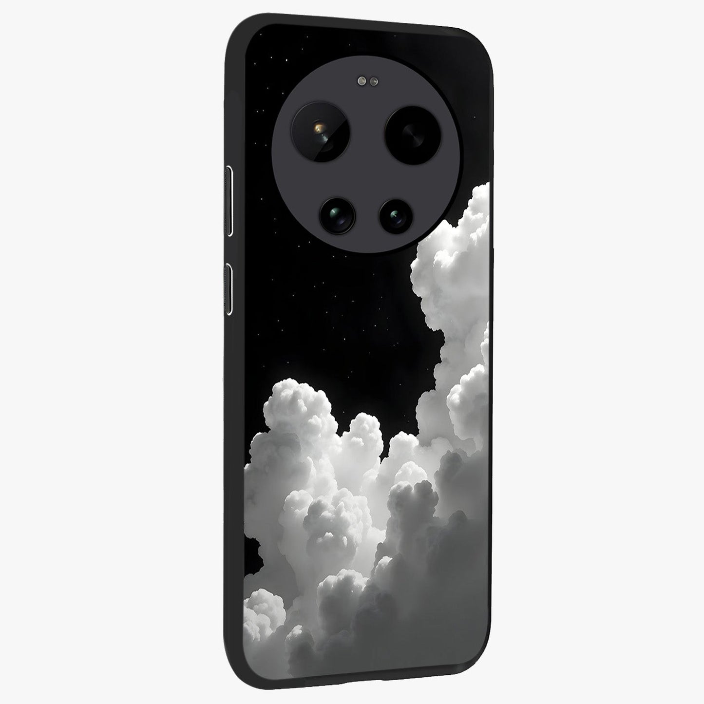 Black Background With White Cloud Glass Case upright view showcasing calm cloud aesthetic with modern minimal style.