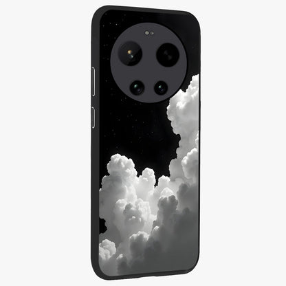 Black Background With White Cloud Glass Case upright view showcasing calm cloud aesthetic with modern minimal style.
