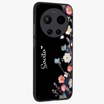 Black Elegance Floral Custom Name Glass Case upright view showcasing luxurious black floral design with personalized name detail.