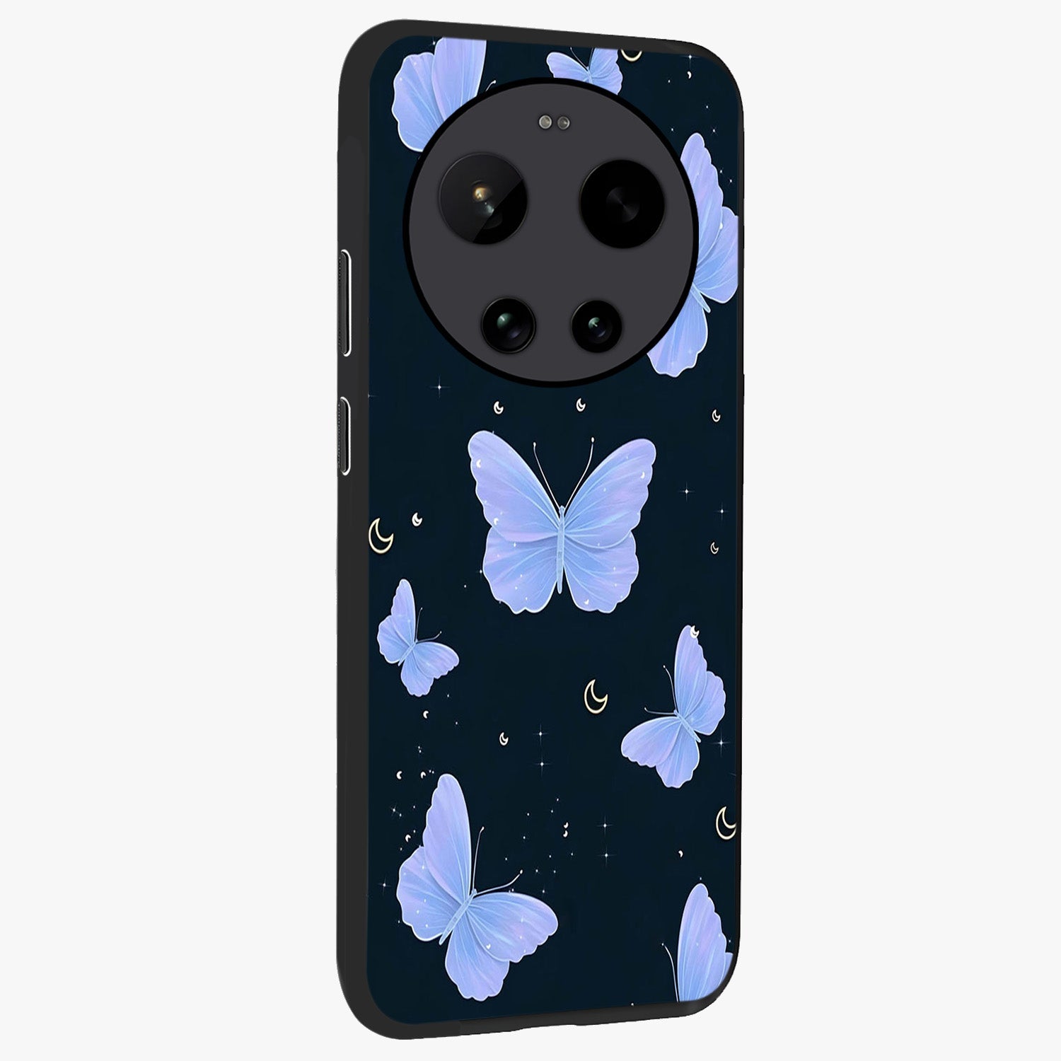 Butterfly With Stars Pattern Glass Case upright view showcasing celestial butterfly artwork with sparkling star elements.