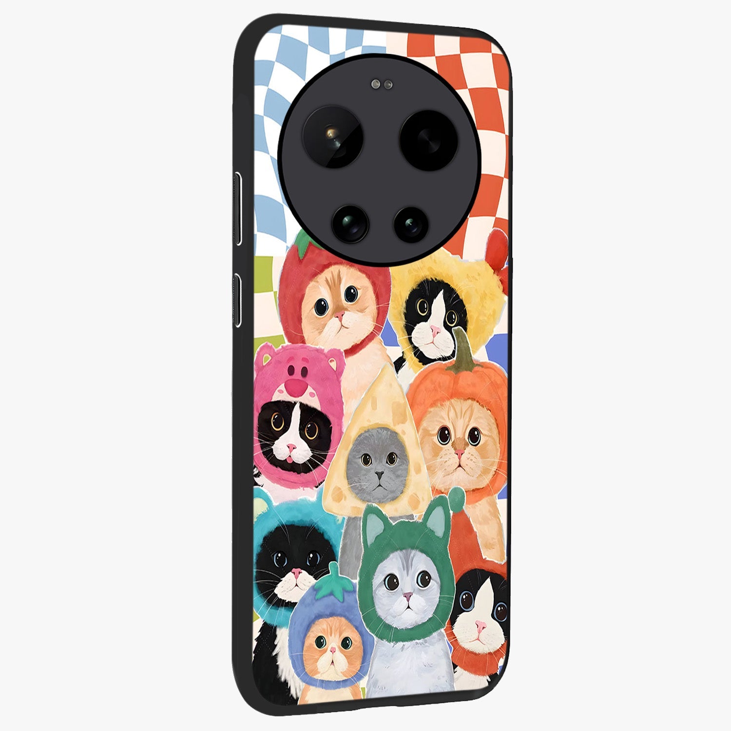 Cats in Fruits Glass Case upright view showcasing charming cat artwork with fun fruity theme.