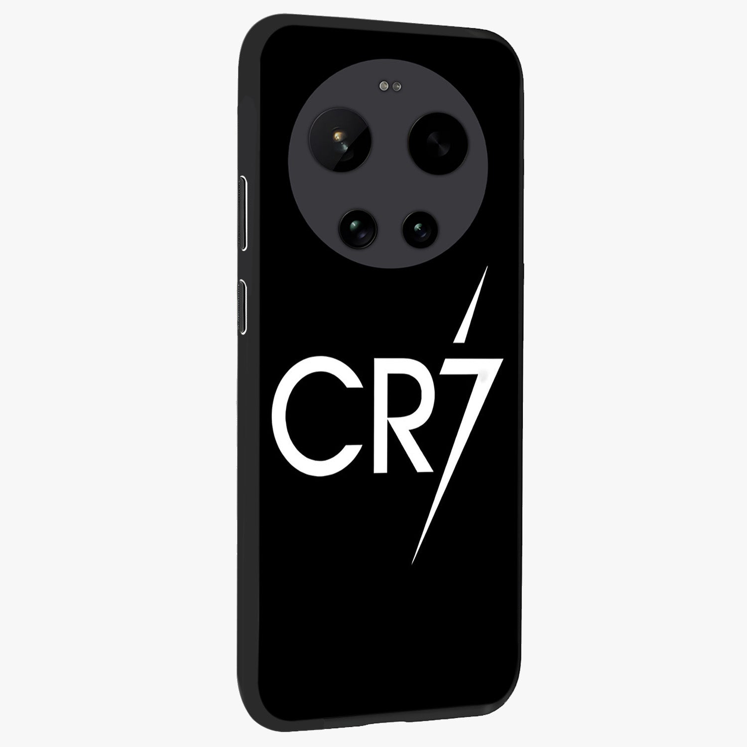 Cr7 Elite Strike Glass Case upright view showcasing energetic football inspired design with modern sports aesthetic.