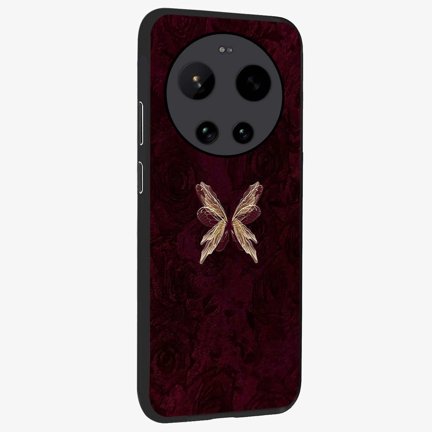 Crimson Fade Butterfly Glass Case upright view showcasing graceful butterfly artwork with soft crimson fade effect.