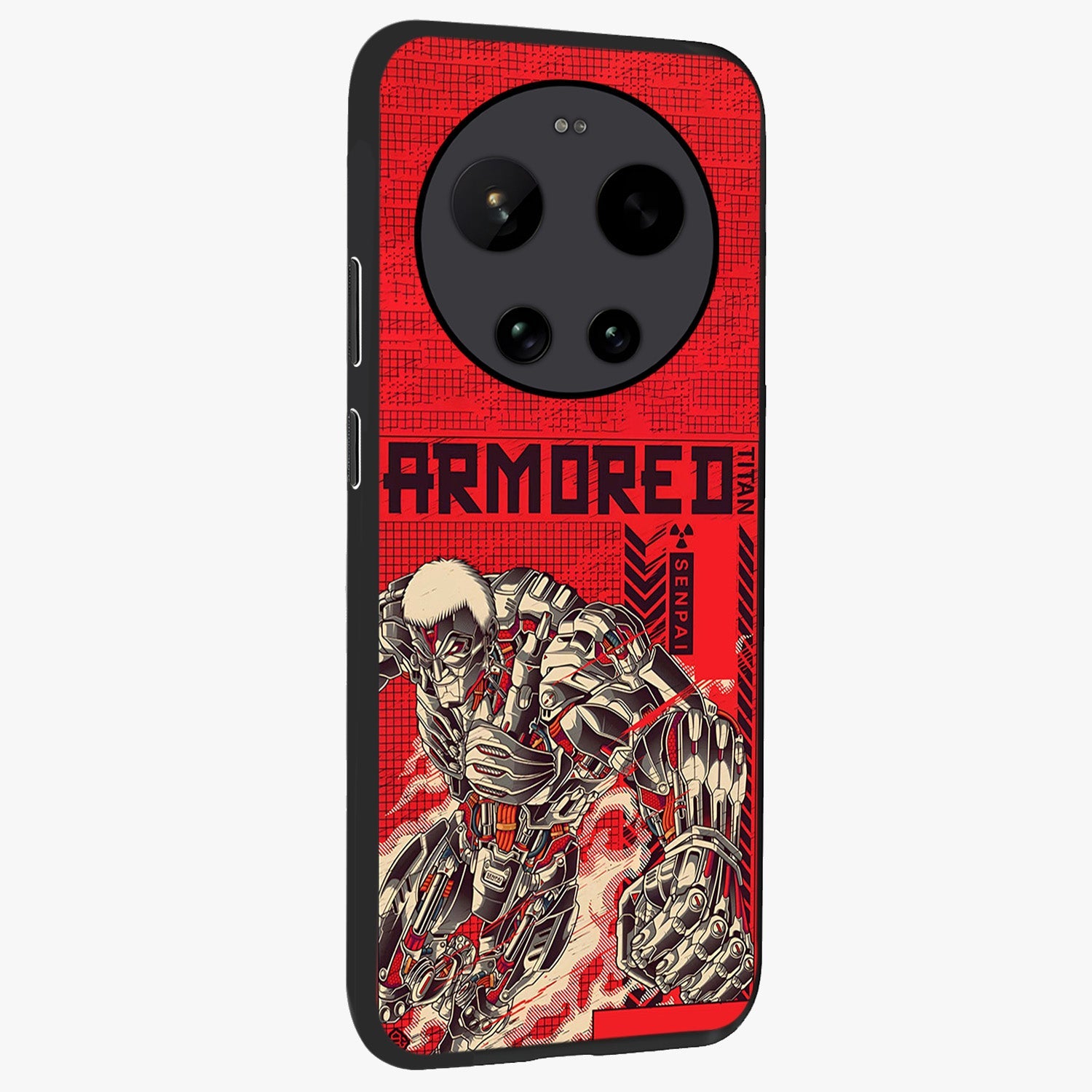 Crimson Mecha Titan Glass Case upright view showcasing dynamic robotic titan design with sci-fi inspired theme.