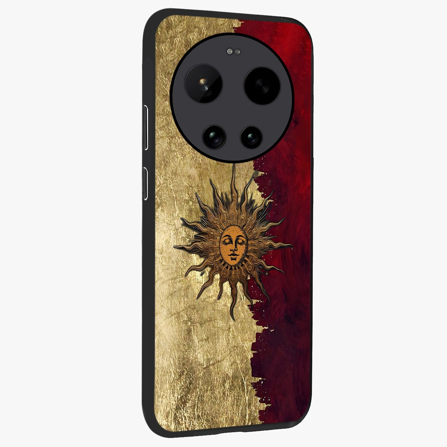 Crimson Sun Majesty Glass Case upright view showcasing vibrant sun artwork with powerful celestial theme.