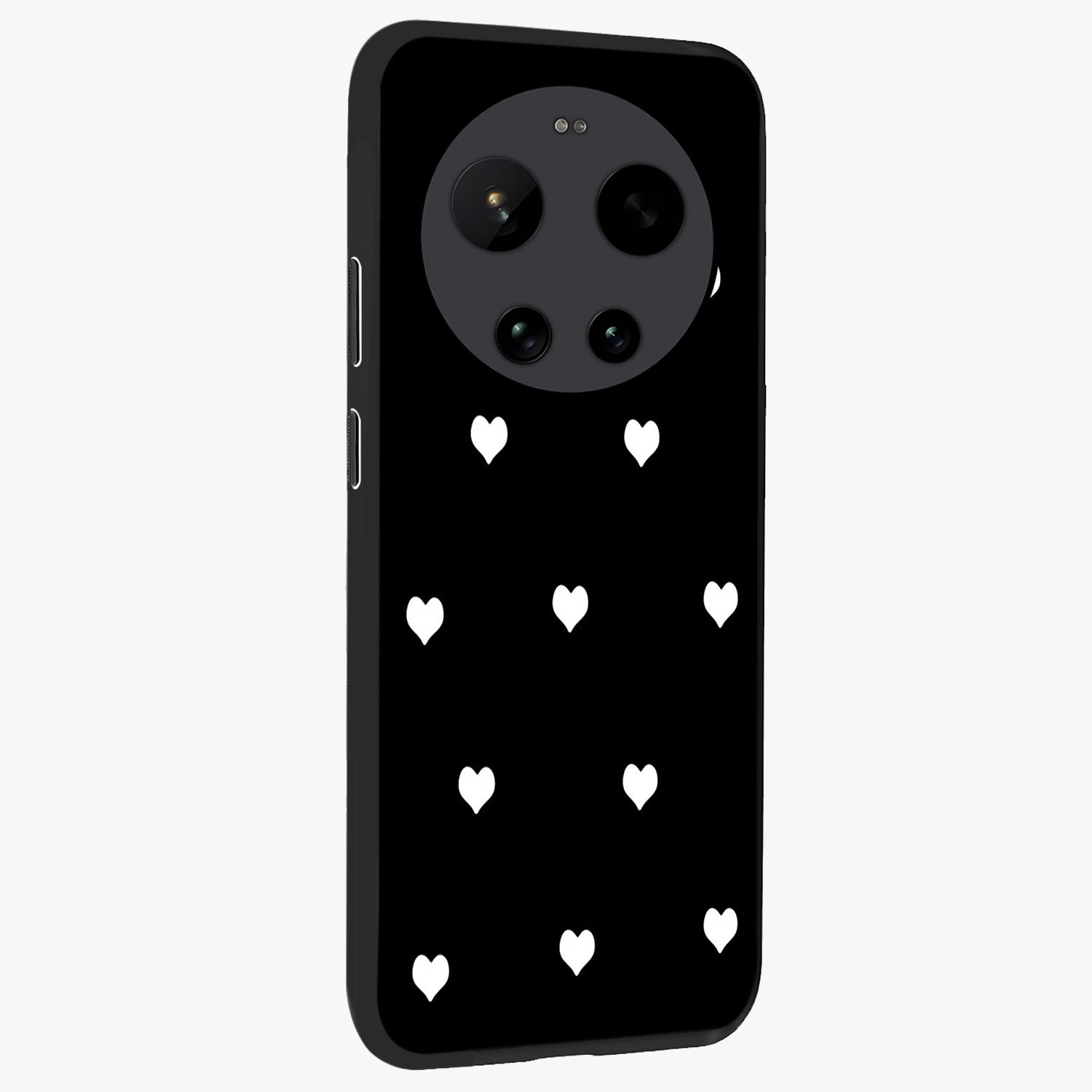 Cute And Simple White Hearts Glass Case upright view showcasing simple white hearts artwork with soft minimal theme.