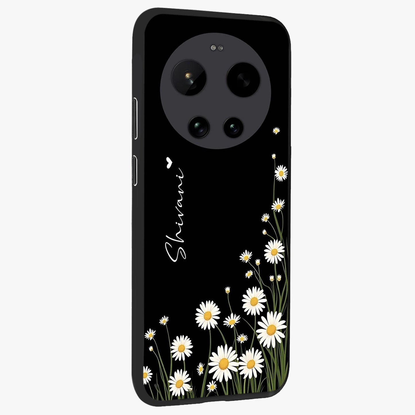 Daisy Cascade Custom Name Glass Case upright view showcasing elegant floral cascade design with personalized aesthetic.