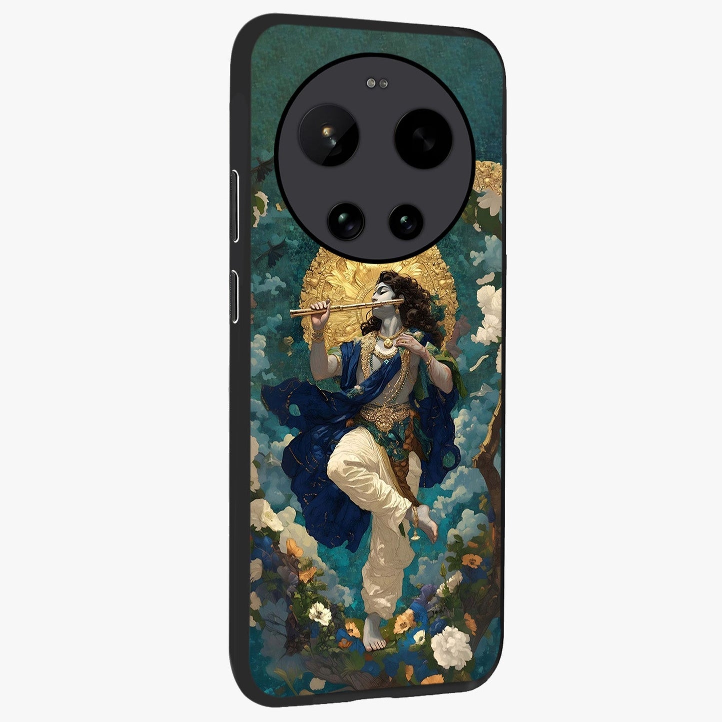 Divine Krishna Art Glass Case upright view showcasing divine Krishna artwork with sacred artistic theme.