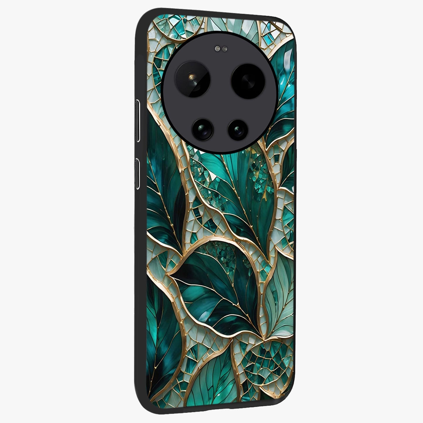 Emerald Leaf Glass Glass Case upright view showcasing fresh green leaf artwork with calming nature inspired style.