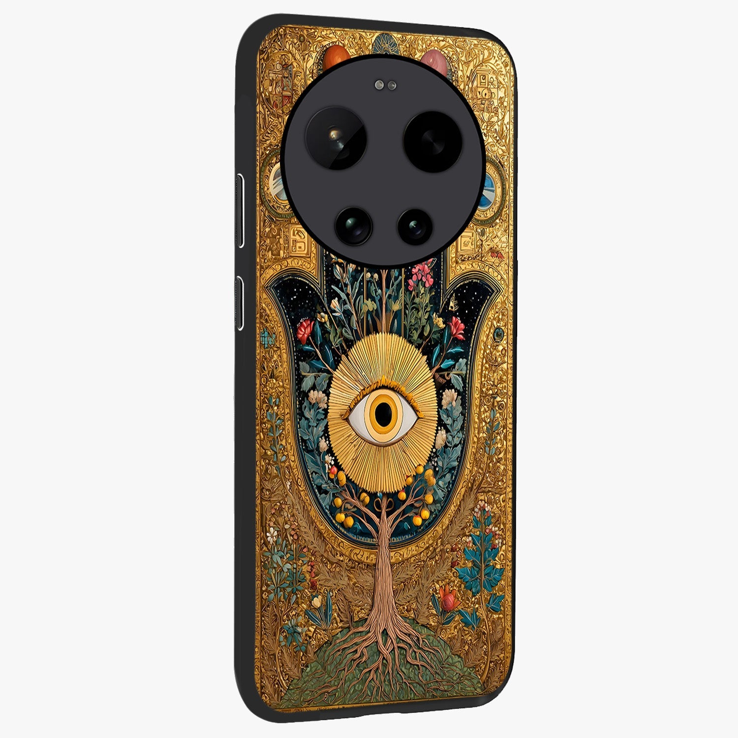 Ethereal Evil Eye Glass Case upright view showcasing celestial evil eye artwork with mystical theme.