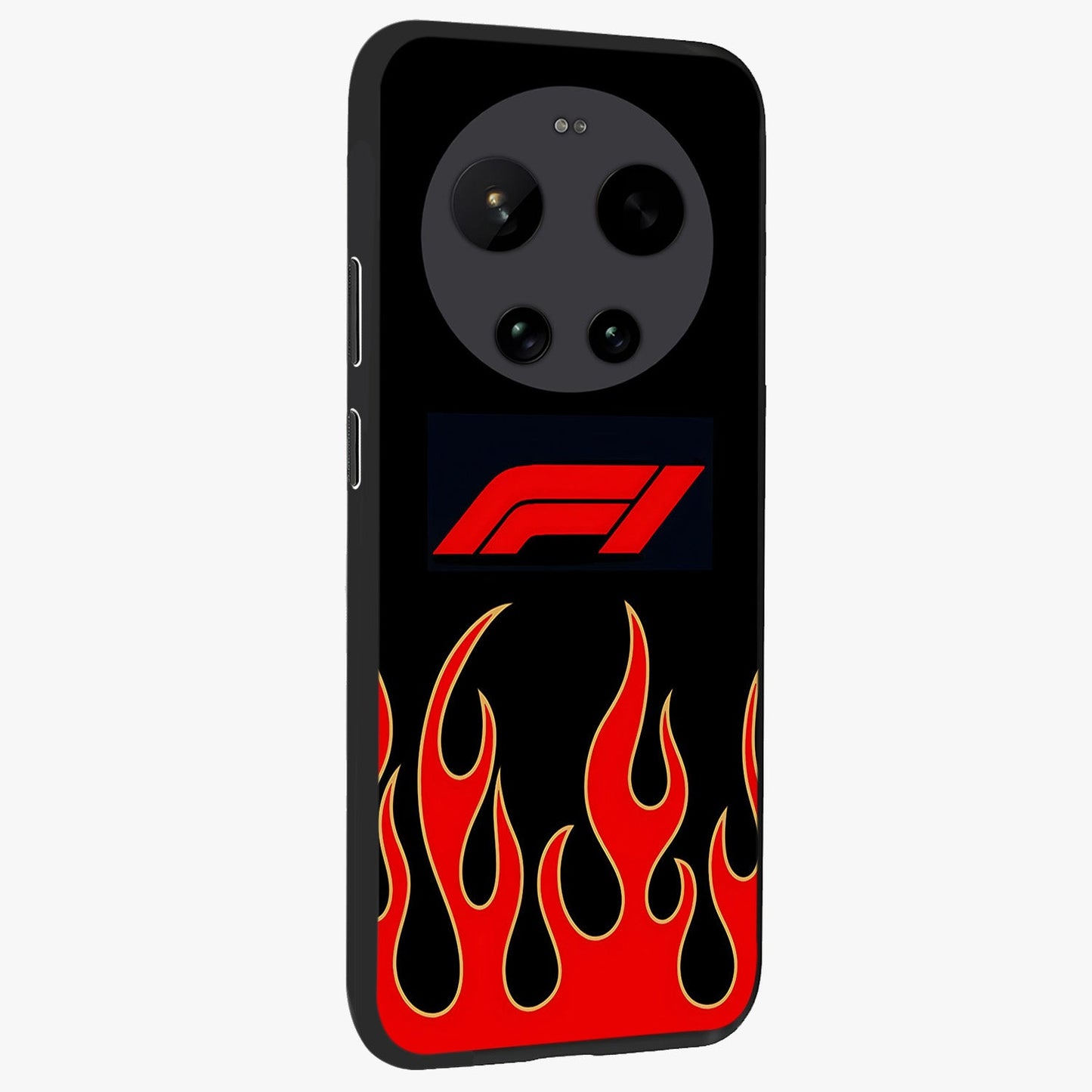 Fire F11 Glass Case upright view showcasing dynamic flame artwork with intense visual theme.