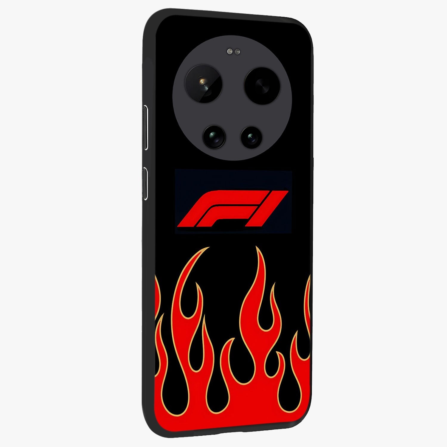 Fire F11 Glass Case upright view showcasing dynamic flame artwork with intense visual theme.