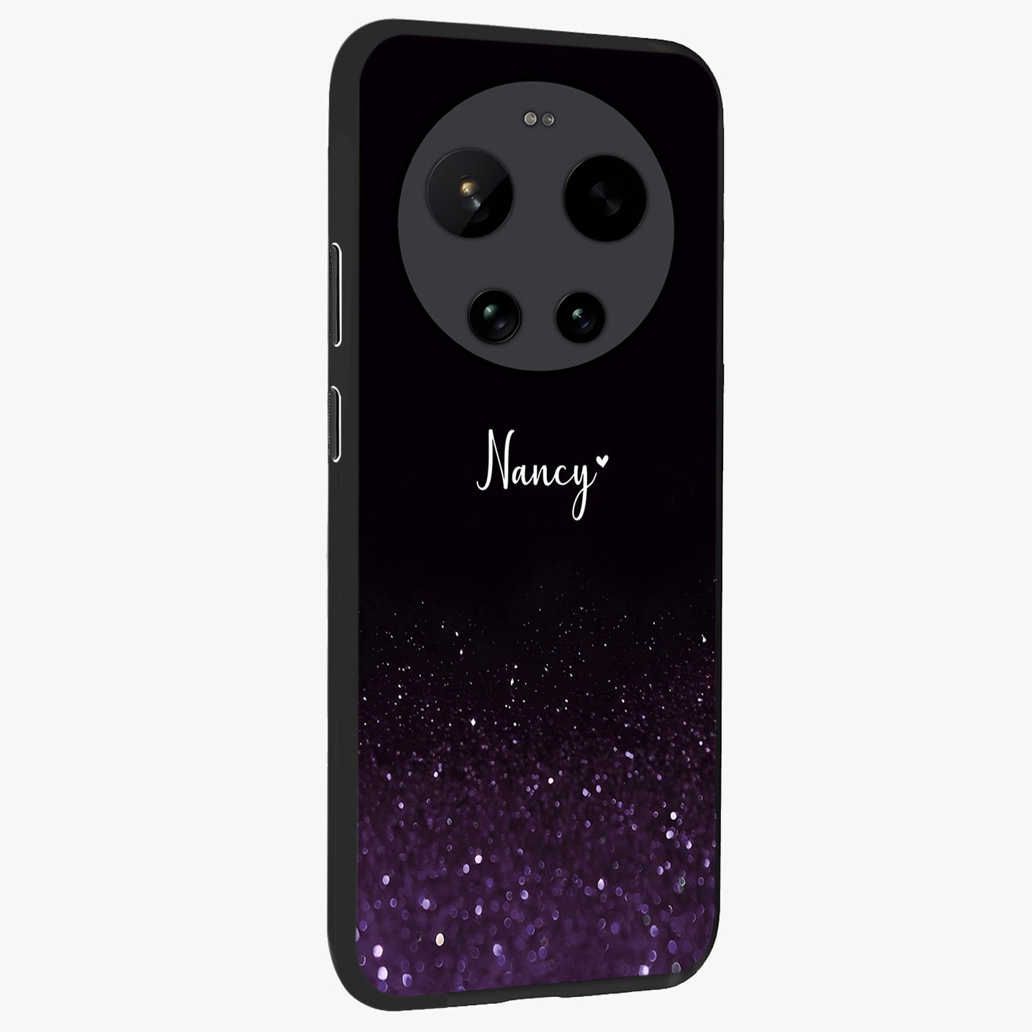 Glittery Purple Bokeh Custom Name Glass Case upright view showcasing vibrant purple sparkle artwork with personalized aesthetic style.