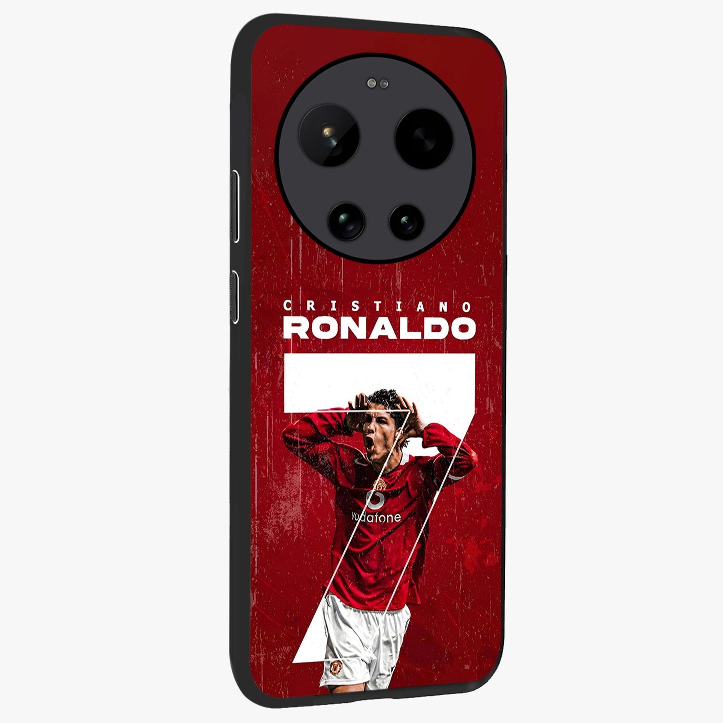 Goal Celebration Legacy Glass Case upright view showcasing dynamic football inspired artwork with victory celebration aesthetic.