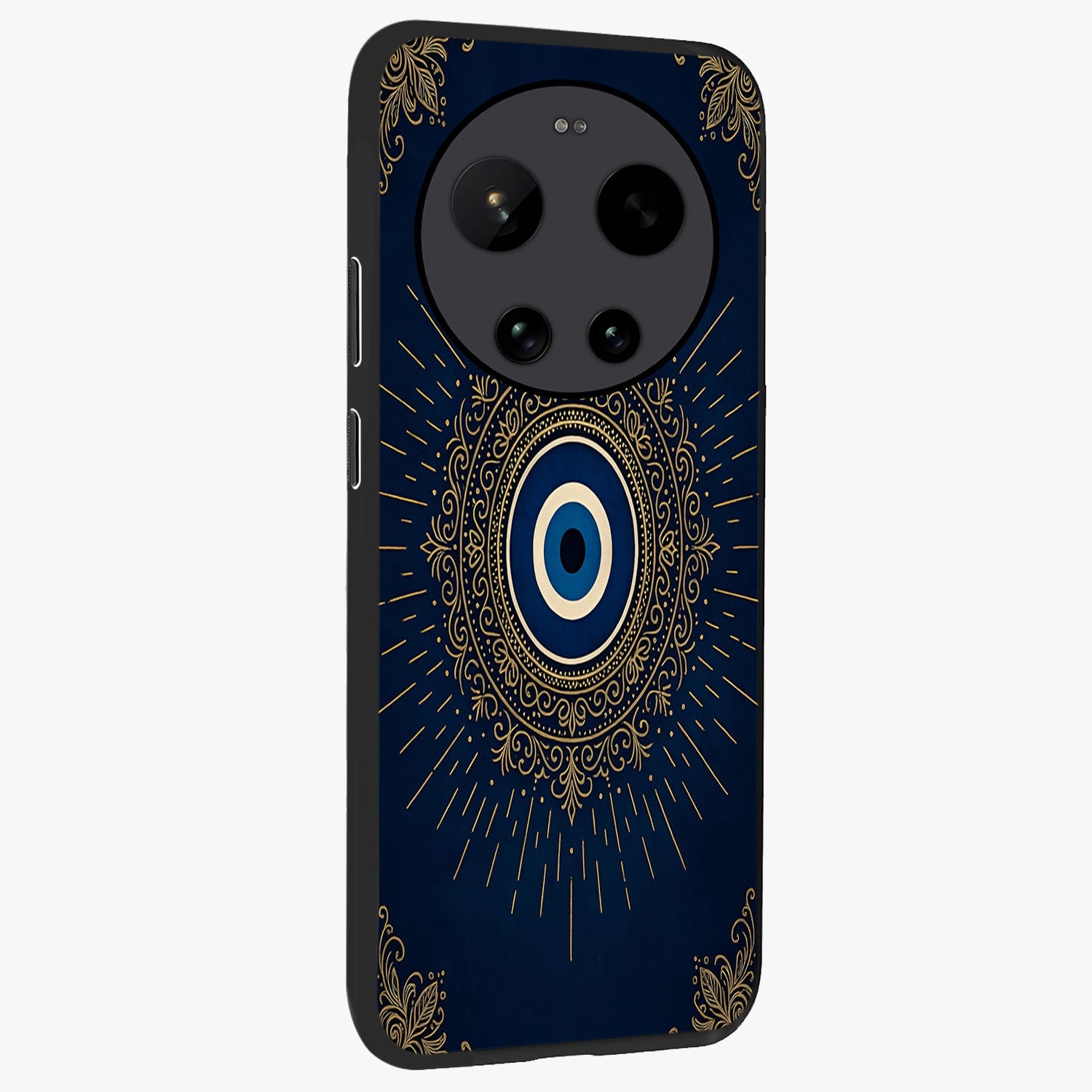 Golden Celestial Charm Glass Case upright view showcasing radiant celestial artwork with elegant golden theme.