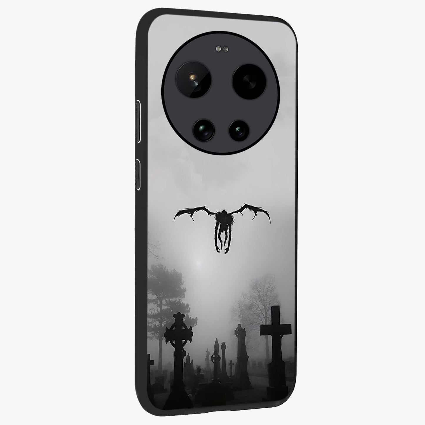 Graveyard Shadow Descent Glass Case upright view showcasing haunting graveyard artwork with dramatic dark theme.