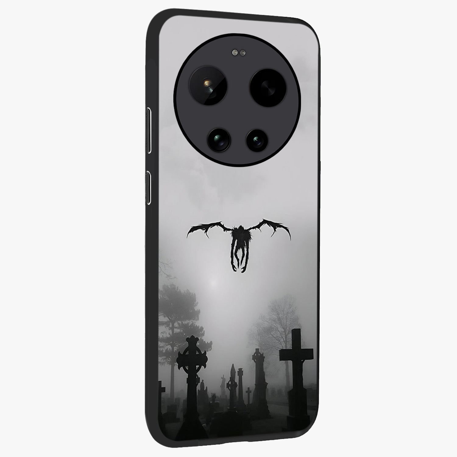 Graveyard Shadow Descent Glass Case upright view showcasing haunting graveyard artwork with dramatic dark theme.