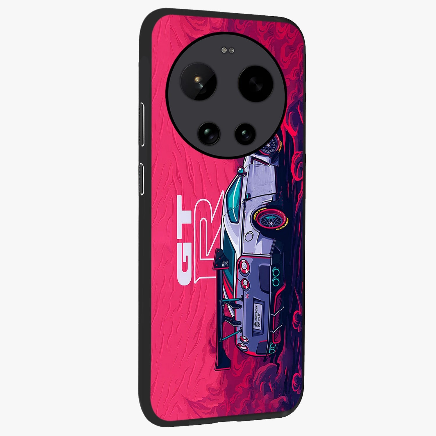 GT-R Car Pattern Glass Case upright view showcasing dynamic car pattern artwork with modern sports theme.