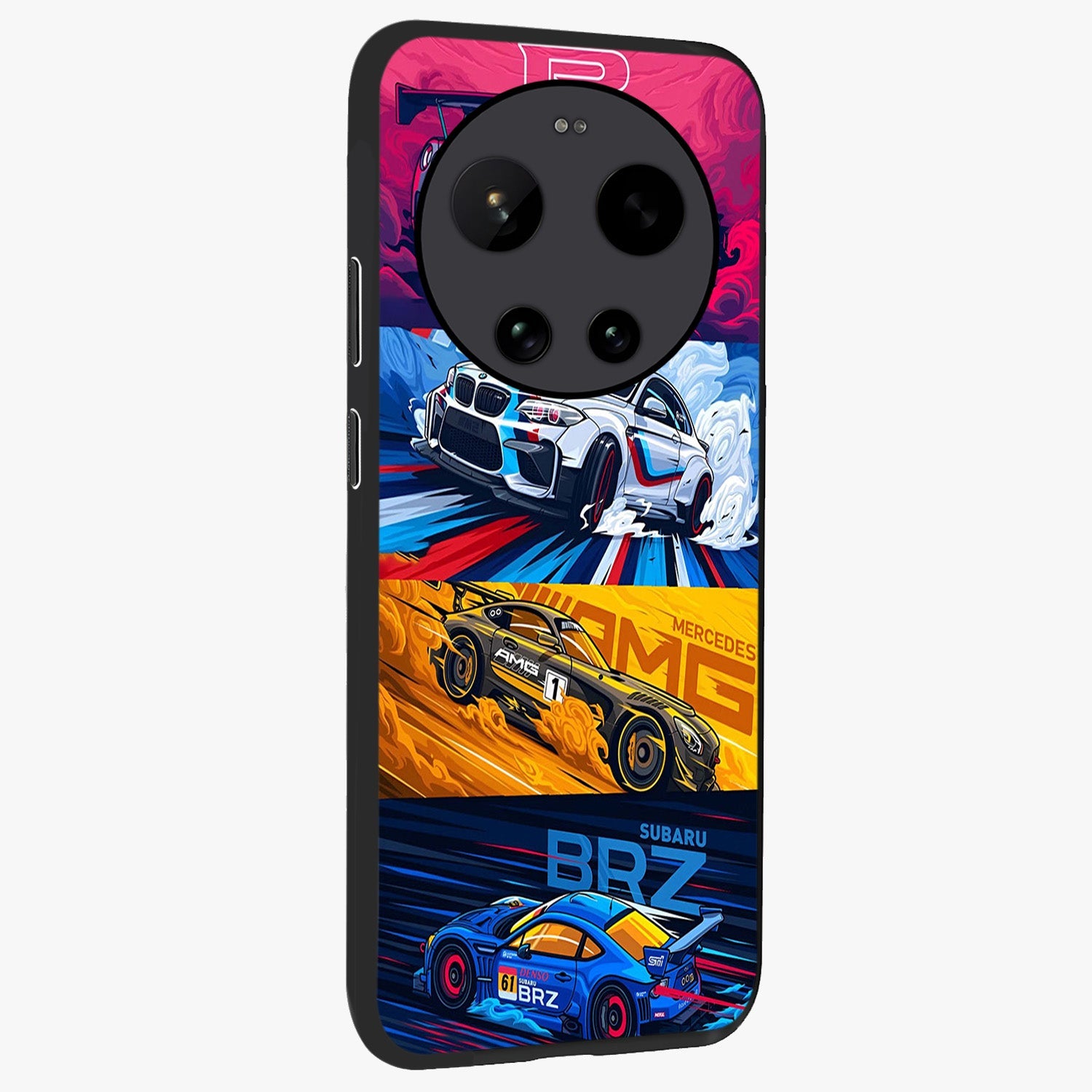 JDM Sports Car Glass Case upright view showcasing dynamic sports car artwork with bold racing theme.