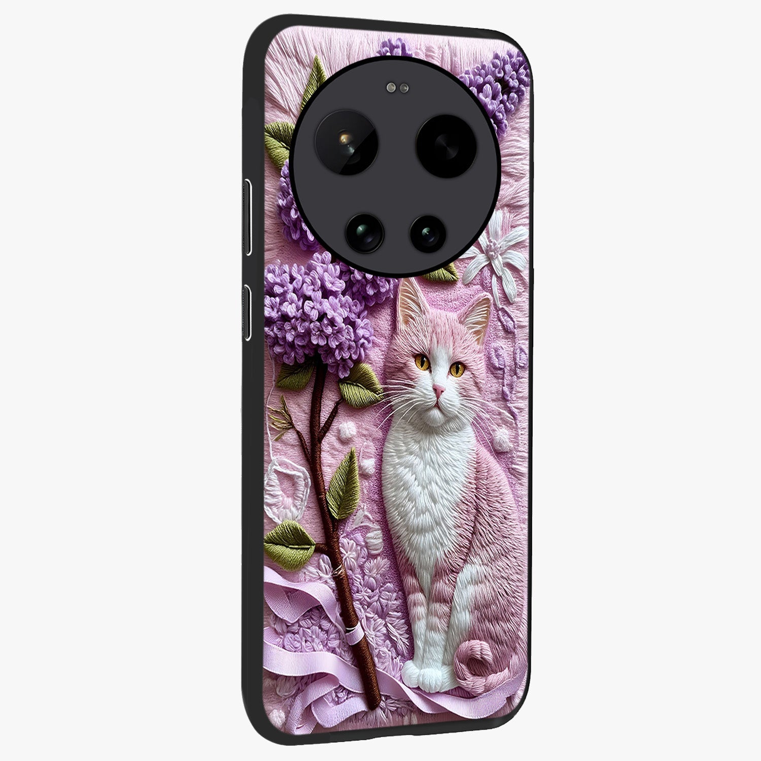 Lavender Cat Whimsy Glass Case upright view showcasing charming cat artwork with whimsical lavender theme.
