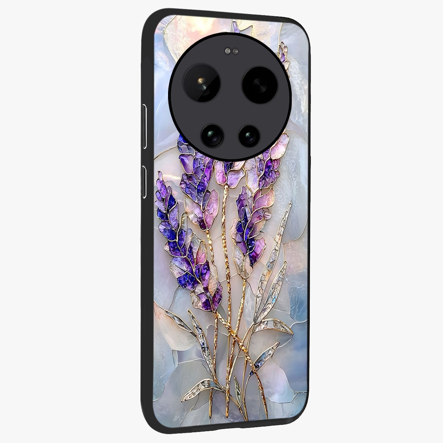 Lavender Dream Glow Glass Case upright view showcasing radiant lavender glow artwork with calming dreamy theme.