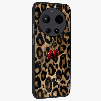 Leopard Wild Cherry Glass Case upright view showcasing stylish leopard pattern artwork with trendy fashion theme.