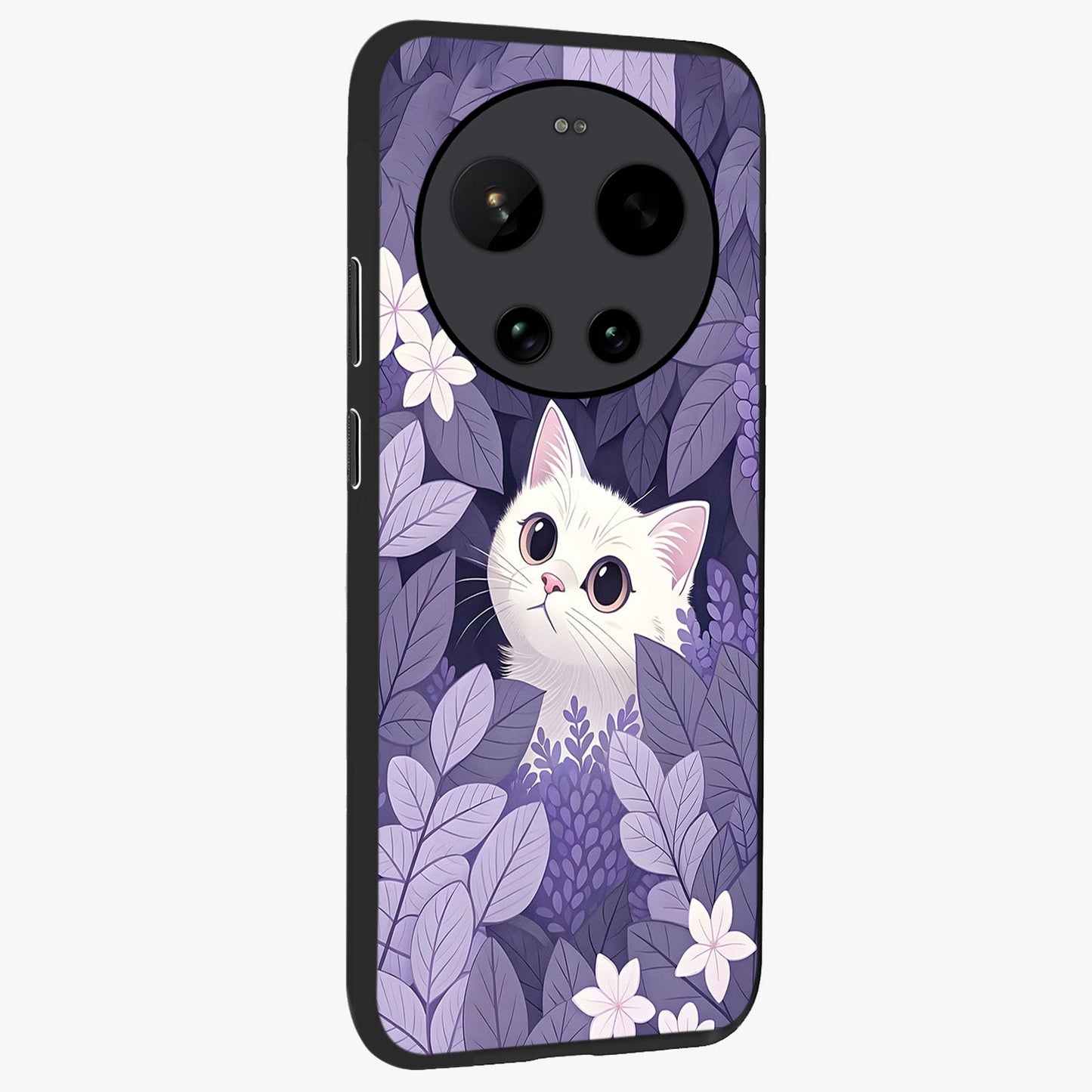 Lilac Hide Peek Cat Glass Case upright view showcasing charming cat artwork with adorable peek theme.
