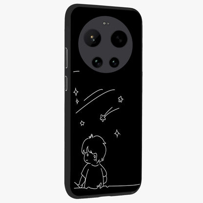 Line Art Boy With Shooting Stars Glass Case upright view showcasing artistic shooting star illustration with minimal style.