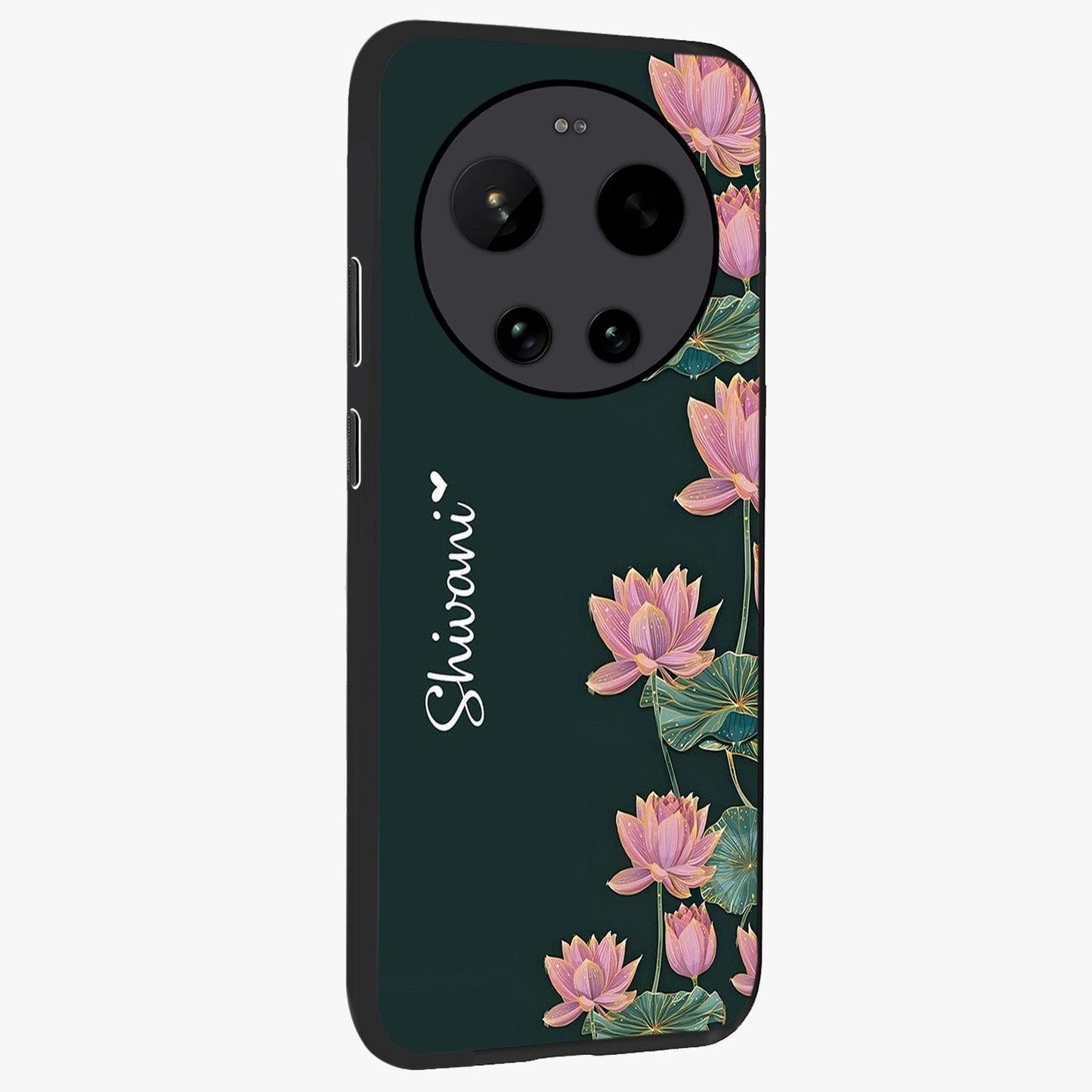 Lotus Bloom Serenity Custom Name Glass Case upright view showcasing serene lotus bloom artwork with personalized floral aesthetic.