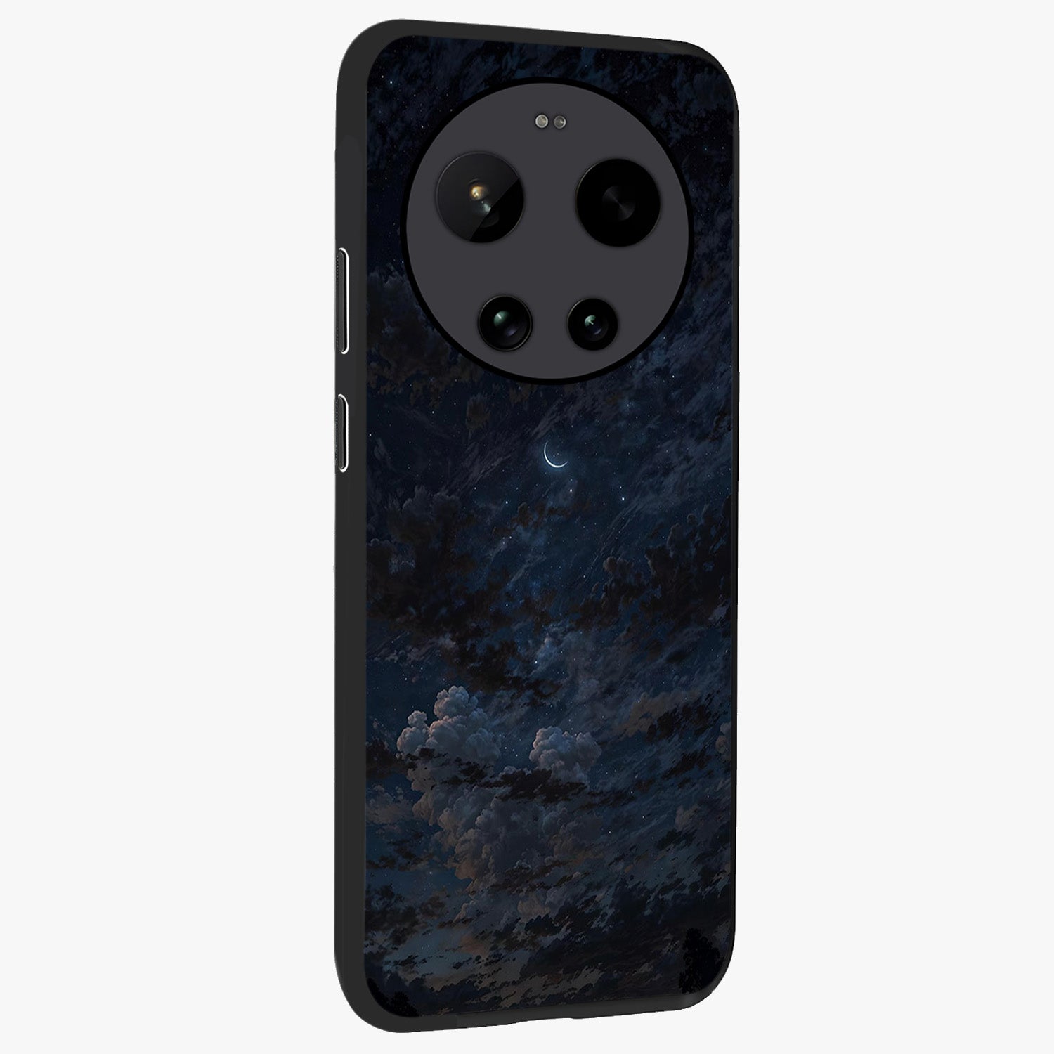 Lunar Veil Silence Glass Case upright view showcasing calm moon themed artwork with serene night atmosphere.