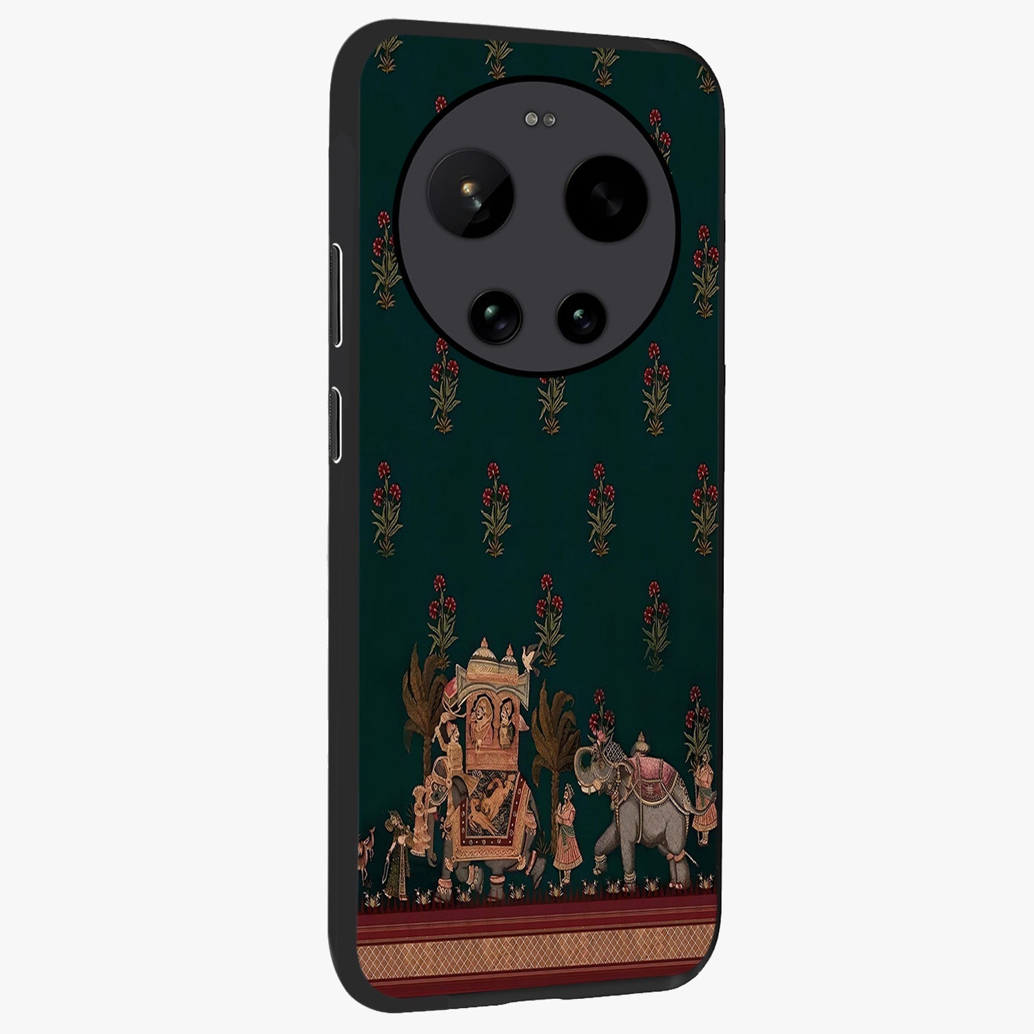 Macmerise Glass Case upright view showcasing bold artistic artwork with contemporary design theme.