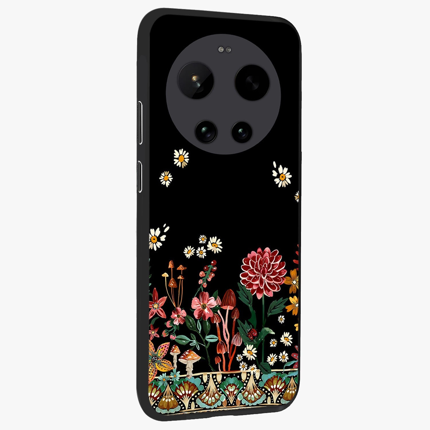 Midnight Bloom Pattern Glass Case upright view showcasing decorative floral artwork with deep night themed palette.
