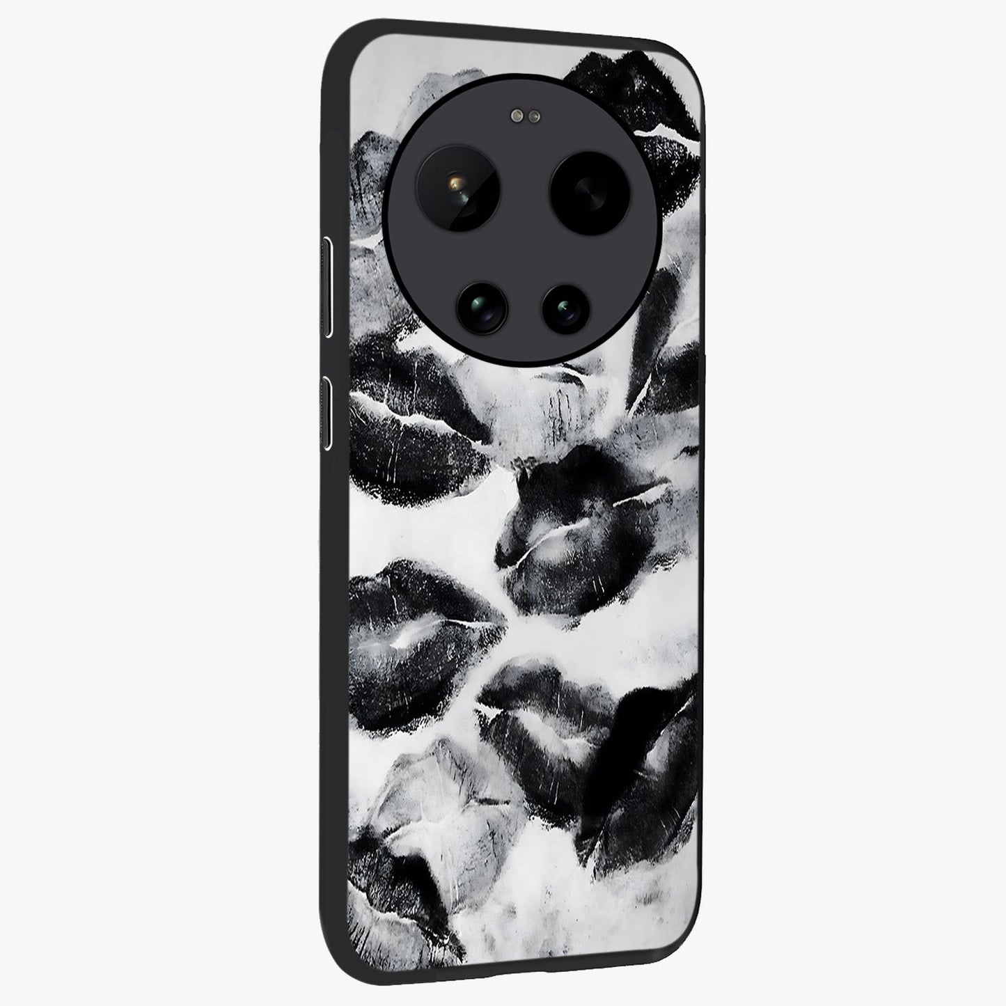Midnight Kiss Marks Glass Case upright view showcasing stylish kiss mark artwork with trendy romantic theme.