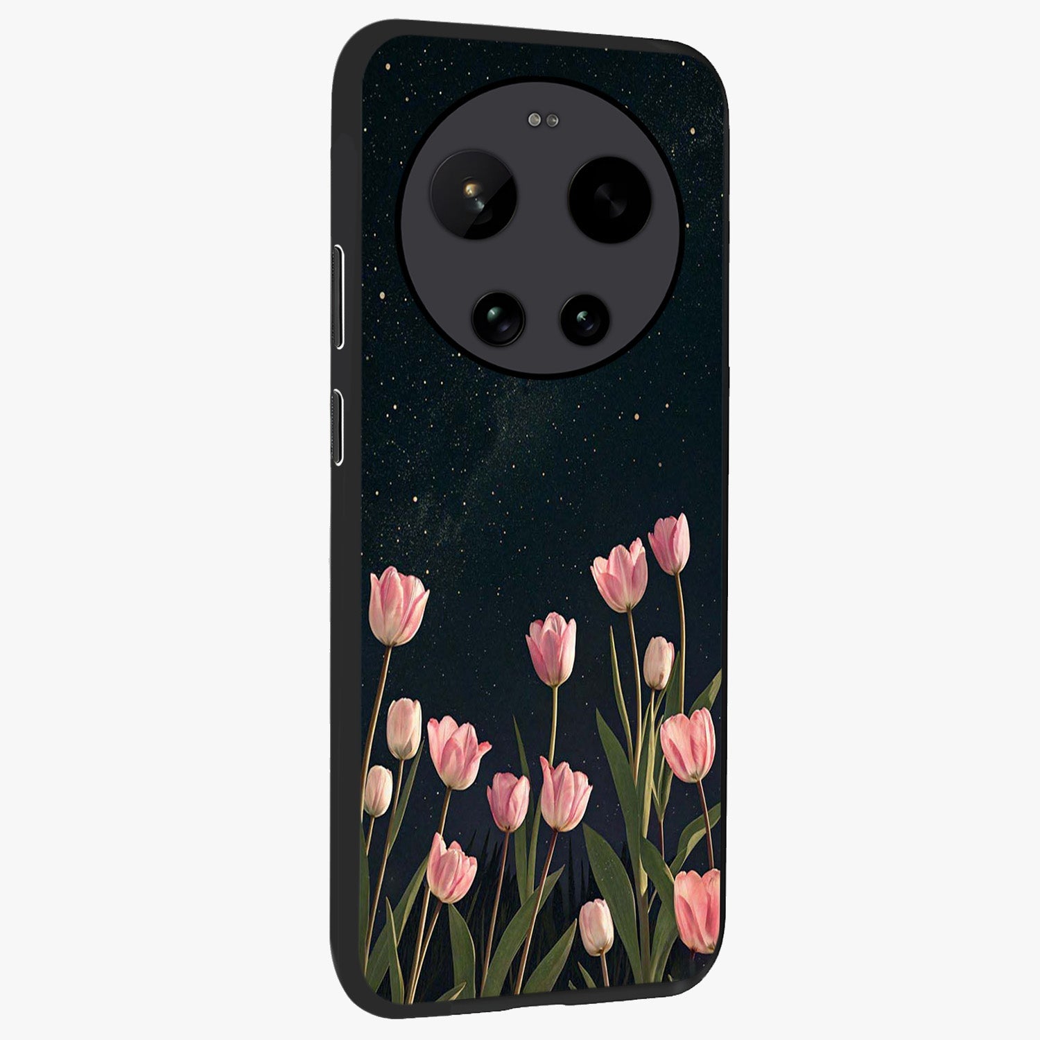 Midnight Tulip Whispers Vibe Glass Case upright view showcasing graceful tulip artwork with calm botanical theme.