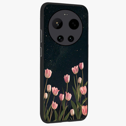 Midnight Tulip Whispers Vibe Glass Case upright view showcasing graceful tulip artwork with calm botanical theme.