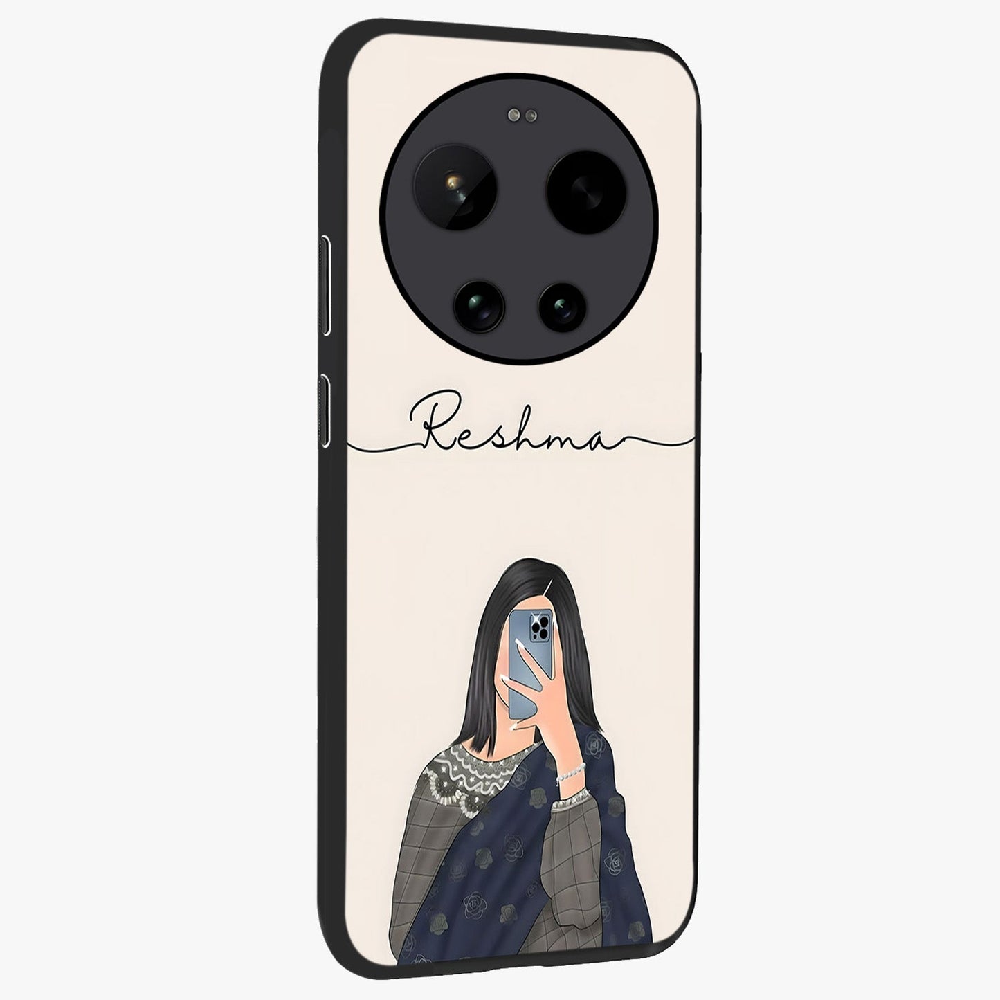 Mirror Mood Muse With Custom Name Glass Case upright view showcasing artistic mirror themed artwork with personalized aesthetic.