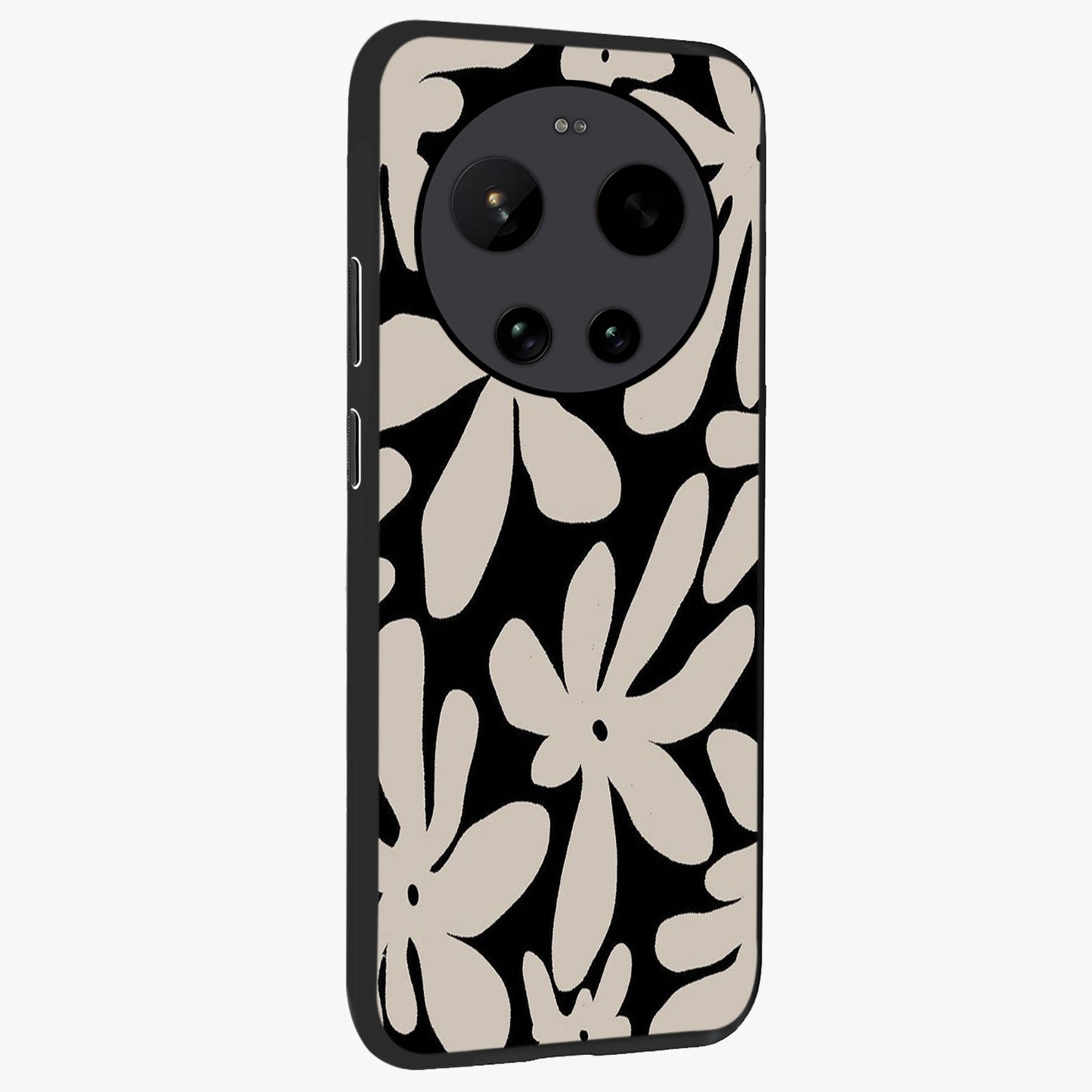 Monochrome Petal Dance Glass Case upright view showcasing artistic floral pattern with stylish monochrome theme.