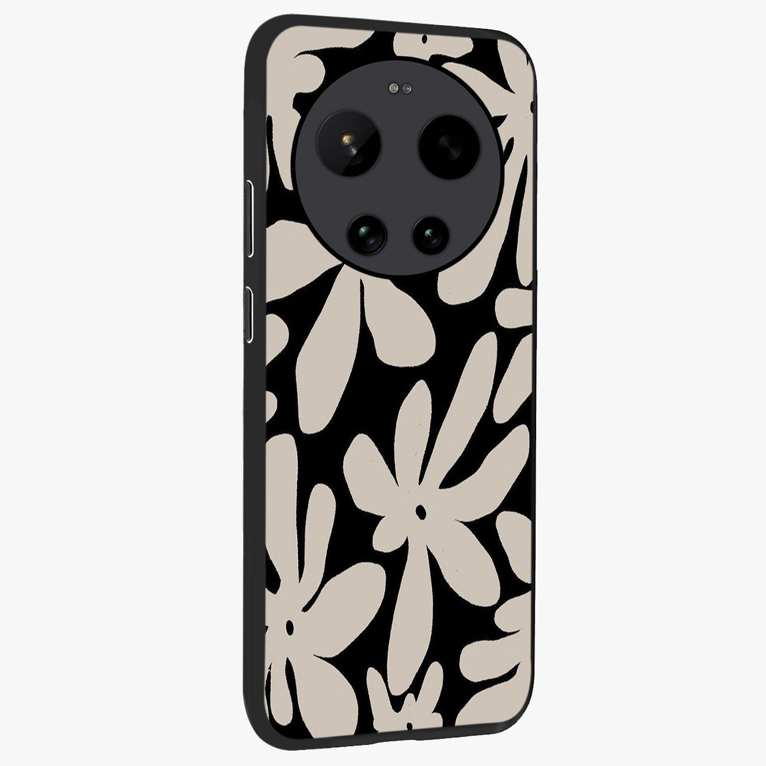 Monochrome Petal Dance Glass Case upright view showcasing artistic floral pattern with stylish monochrome theme.