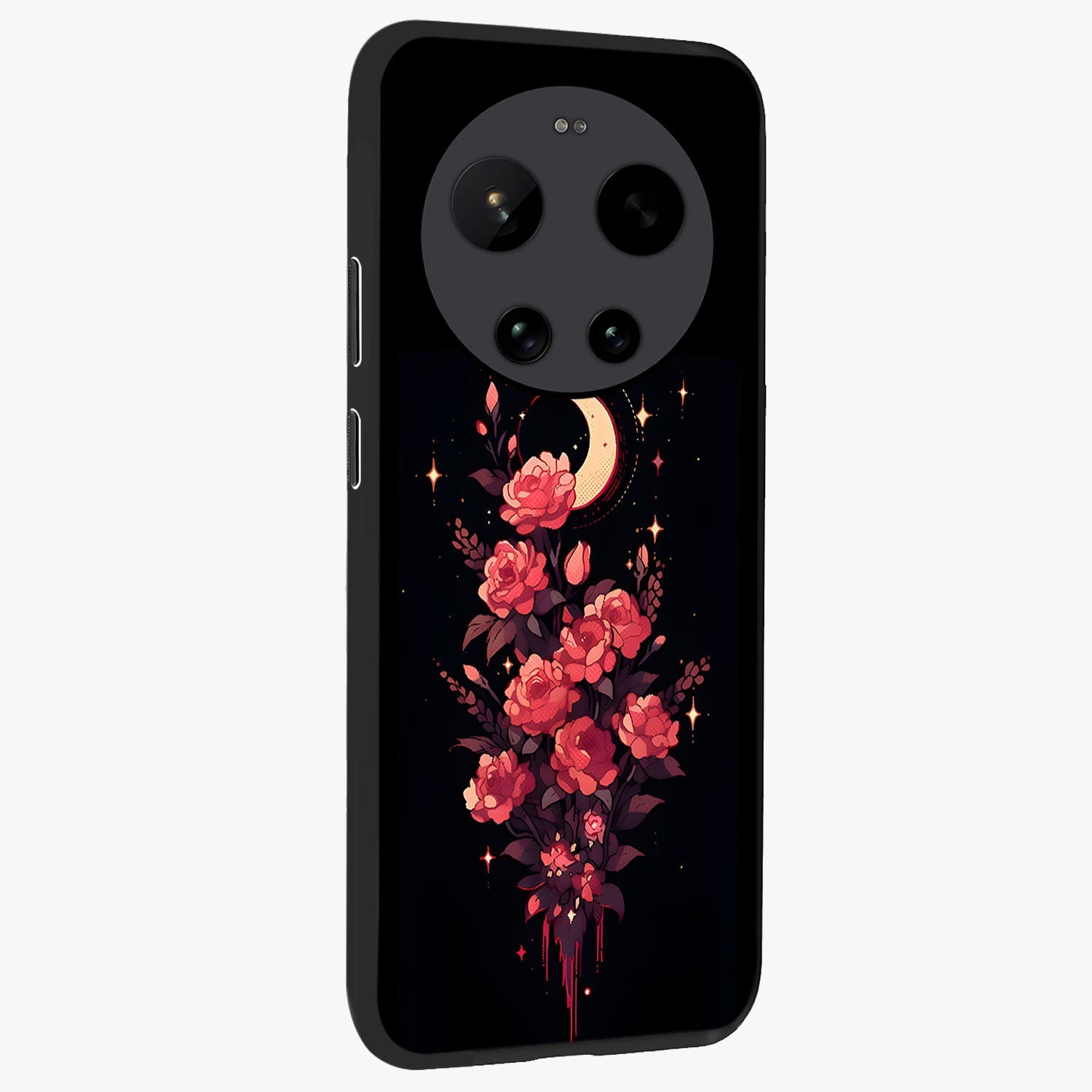 Moonlit Floral Elegance Glass Case upright view showcasing delicate floral artwork with refined night inspired theme.