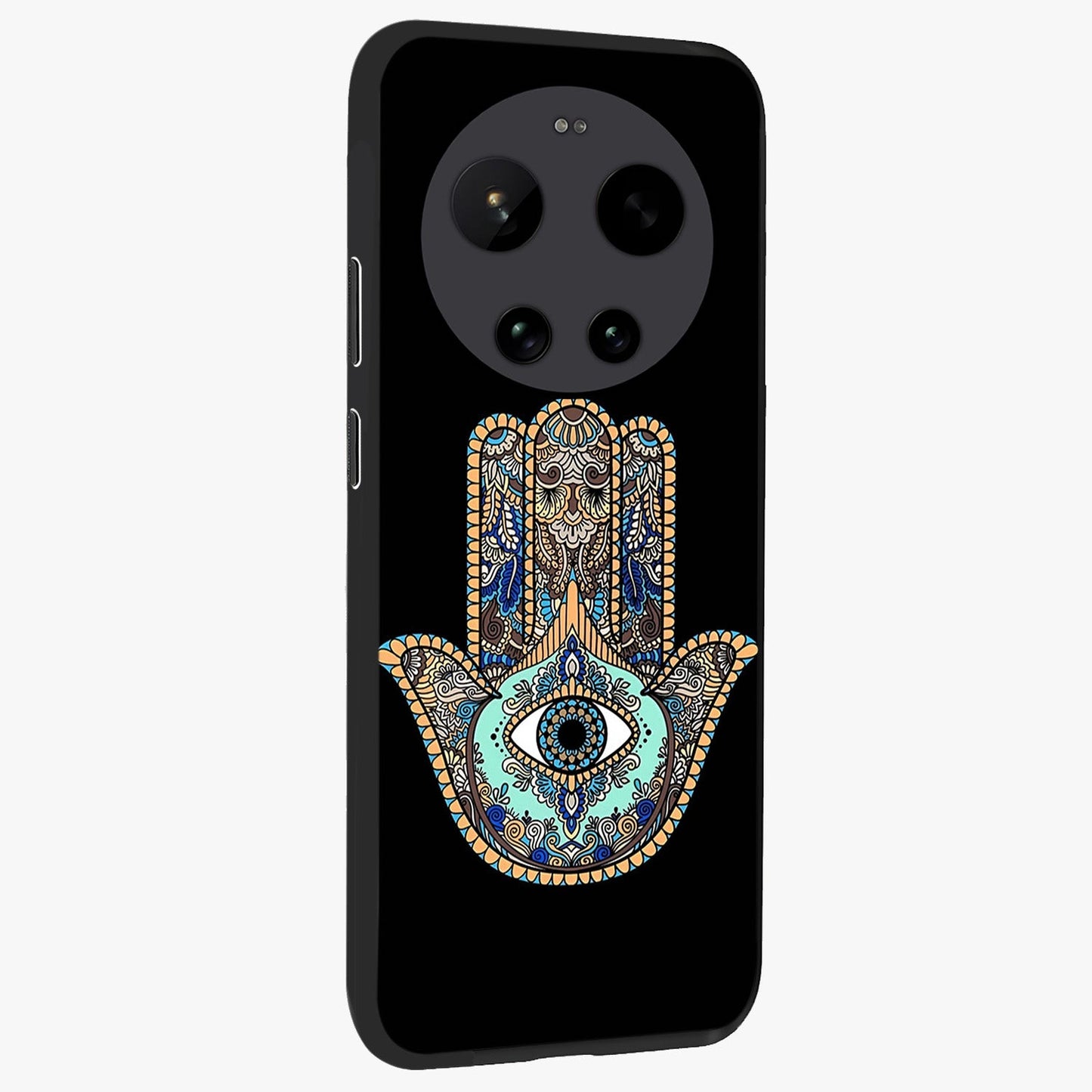 Mystic Hamsa Eye Glass Case upright view showcasing detailed hamsa eye artwork with protective spiritual theme.