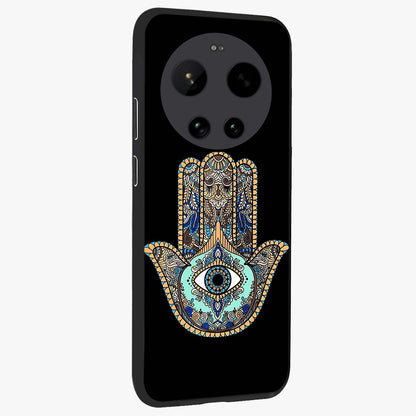 Mystic Hamsa Eye Glass Case upright view showcasing detailed hamsa eye artwork with protective spiritual theme.