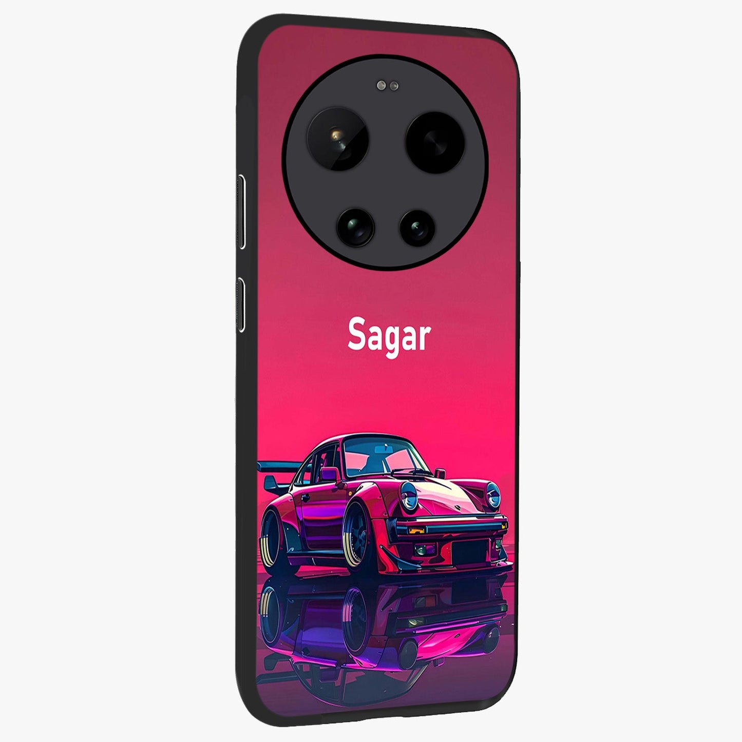 Neon Pink Porsche Glass Case upright view showcasing vibrant sports car artwork with bold automotive theme.