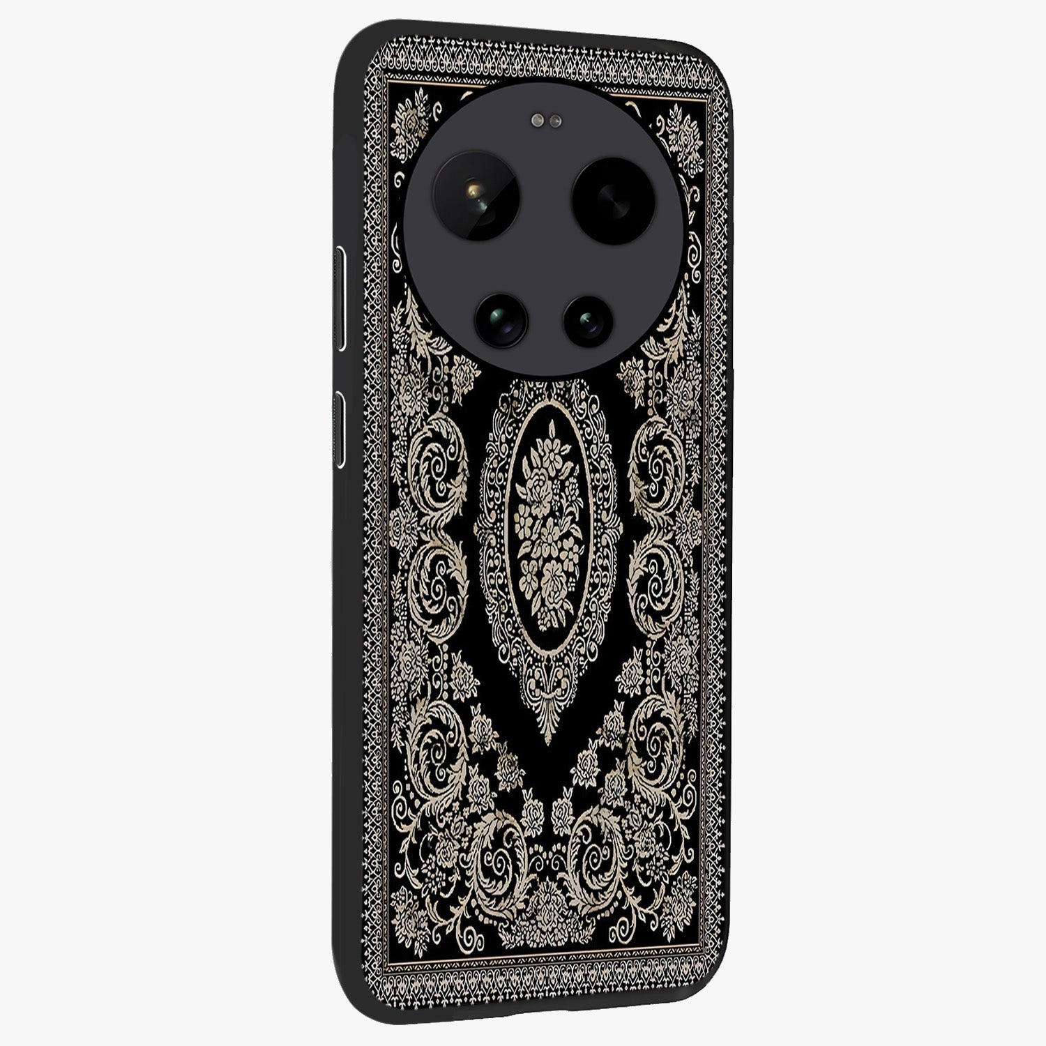 Noir Bloom Elegance Glass Case upright view showcasing graceful floral artwork with luxurious dark theme.