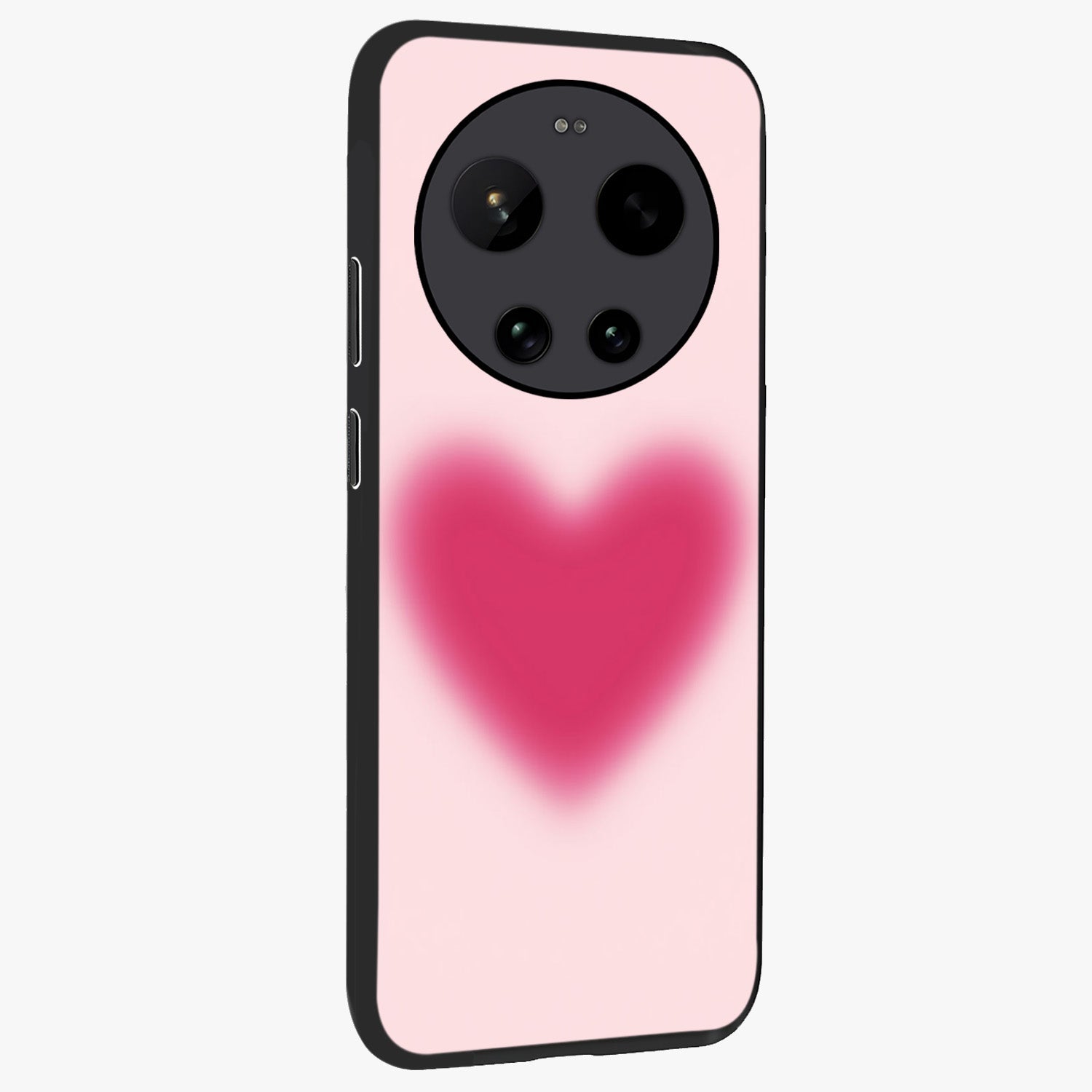 Pink Aura Heart Glass Case upright view showcasing romantic heart artwork with soft pastel theme.