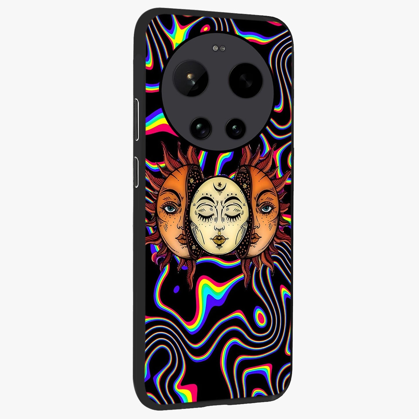 Psychedelic Sun Glass Case upright view showcasing trippy sun artwork with bold psychedelic theme.