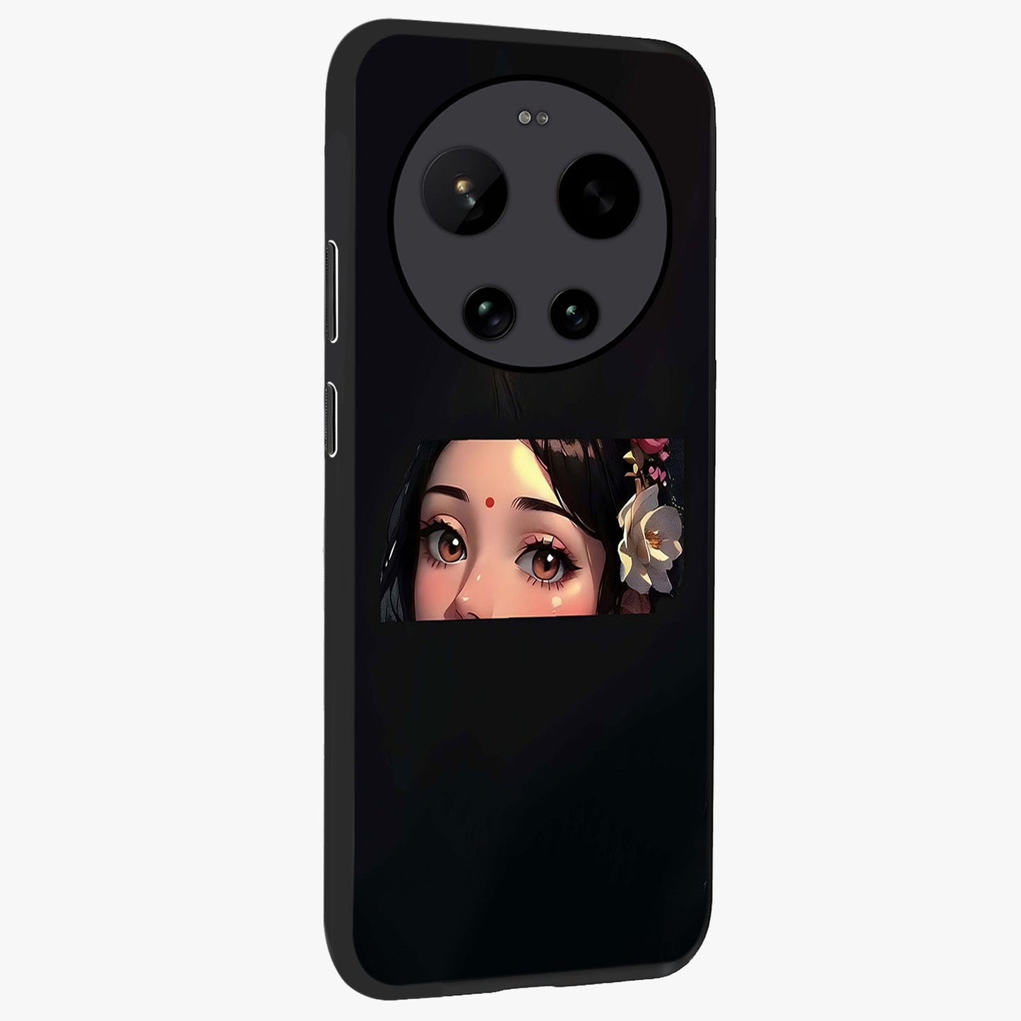 Radha Divine Embrace Glass Case upright view showcasing sacred Radha themed artwork with peaceful devotional style.