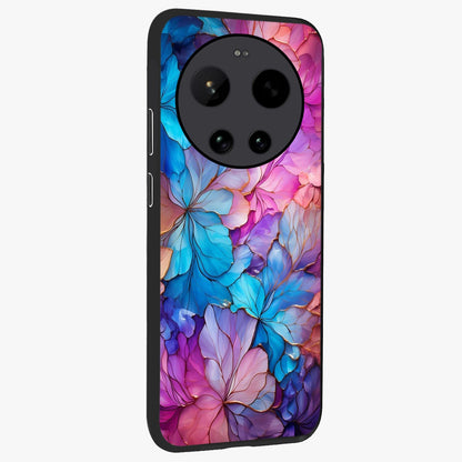 Radiant Floral Whirl Glass Case upright view showcasing lively floral artwork with decorative swirl theme.