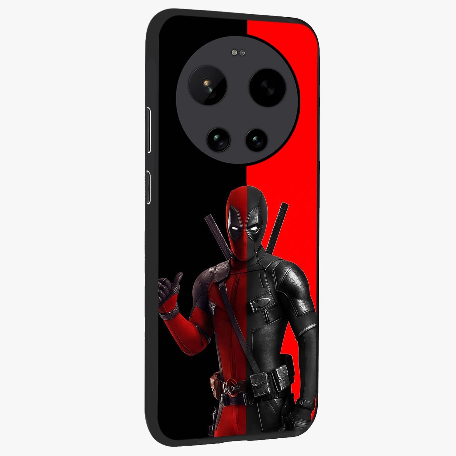 Red & Black Deadpool Theme Glass Case upright view showcasing energetic comic themed artwork with striking red and black design.